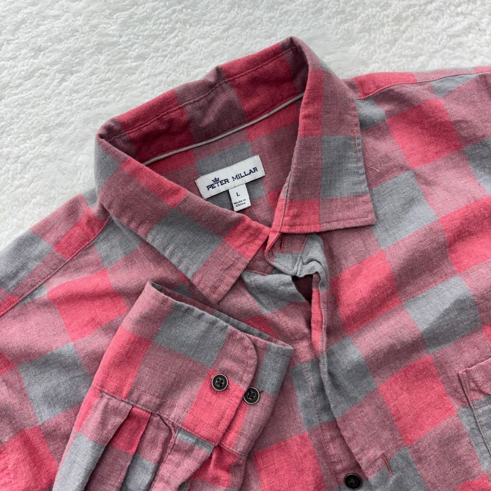 Peter Millar Mens Large Red Grey Buffalo Check Cotton Flannel Button Down Shirt